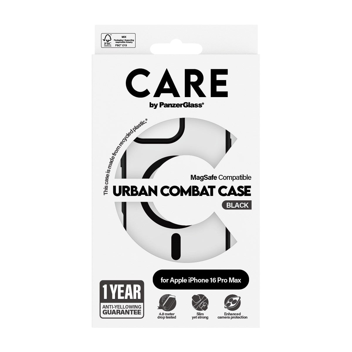 CARE by PanzerGlass® Flagship Case Transparent Urban Combat m. Schwarz Rahmen & MagSafe iPhone 16 Pro Max